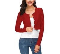 EXCHIC Damen Elegant Langarm Bolero Strickjacke mit Knöpfe Rundhals Festlich Gestrickte Shrug Kurz Cardigan für Kleider (S, Rot)