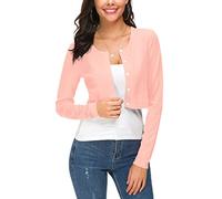 EXCHIC Damen Elegant Langarm Bolero Strickjacke mit Knöpfe Rundhals Festlich Gestrickte Shrug Kurz Cardigan für Kleider (XL, Rosa)