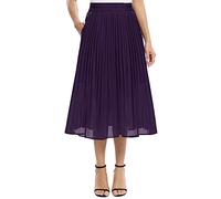 EXCHIC Damen Fließender Chiffon Elastisch Taille Midi Rock Freizeit A-Linie Knielange Falten Rock mit Tasche (S, Dunkelviolett)