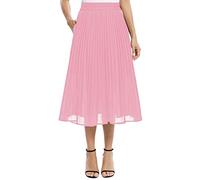 EXCHIC Damen Fließender Chiffon Elastisch Taille Midi Rock Freizeit A-Linie Knielange Falten Rock mit Tasche (L, Rosa)