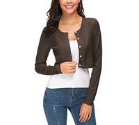 EXCHIC Damen Lässig Langarm Bolero Short Cardigan Button Down Rundhals Gestrickte Shrug Strickjacke (L, Kaffee)