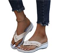 EXECAB Damen Orthopädische Zehentrenner Sandalen Damen Strass Flip-Flops Sommer PU-Leder Clip -Toe Pantoffeln Gummi Plateau Slippers Freizeit Strandschuhe,Beige,41