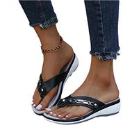 EXECAB Damen Orthopädische Zehentrenner Sandalen Damen Strass Flip-Flops Sommer PU-Leder Clip -Toe Pantoffeln Gummi Plateau Slippers Freizeit Strandschuhe,Schwarz,35