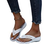 EXECAB Damen Orthopädische Zehentrenner Sandalen Damen Strass Flip-Flops Sommer PU-Leder Clip -Toe Pantoffeln Gummi Plateau Slippers Freizeit Strandschuhe,Weiß,35