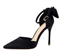 EXECAB Damen-Pumps mit Spitzen Zehen und Knöchelriemen, Pumps mit Schleife, Stiletto-Sandalen für Damen, Pumps mit Spitzen Zehen, Kleid, Party-Sandalen,Schwarz,35