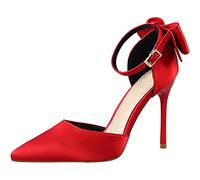 EXECAB Damen-Pumps mit Spitzen Zehen und Knöchelriemen, Pumps mit Schleife, Stiletto-Sandalen für Damen, Pumps mit Spitzen Zehen, Kleid, Party-Sandalen,Rot,37