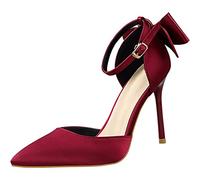 EXECAB Damen-Pumps mit Spitzen Zehen und Knöchelriemen, Pumps mit Schleife, Stiletto-Sandalen für Damen, Pumps mit Spitzen Zehen, Kleid, Party-Sandalen,Wine red,42