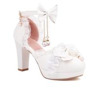 EXECAB Damen-Pumps mit süßem Schleife-Lolita-Prinzessin-Absatz, 9 cm Schnalle, Blockabsatz, Sandalen, klobige Anhänger-Schuhe, Hochzeits-Party-Abendschuhe,Weiß,37