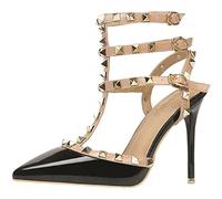 EXECAB Damen-Sandalen mit Absatz, 10 cm/4 Zoll Nieten-Knöchelriemen, hohe Absätze, Stiletto, Nieten, T-Riemen, Spitze, geschlossene Zehe, Slingback-Brautpumps,Schwarz,35