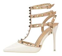 EXECAB Damen-Sandalen mit Absatz, 10 cm/4 Zoll Nieten-Knöchelriemen, hohe Absätze, Stiletto, Nieten, T-Riemen, Spitze, geschlossene Zehe, Slingback-Brautpumps,Weiß,37