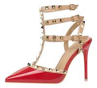 EXECAB Damen-Sandalen mit Absatz, 10 cm/4 Zoll Nieten-Knöchelriemen, hohe Absätze, Stiletto, Nieten, T-Riemen, Spitze, geschlossene Zehe, Slingback-Brautpumps,Rot,39