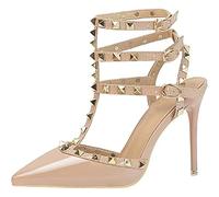 EXECAB Damen-Sandalen mit Absatz, 10 cm/4 Zoll Nieten-Knöchelriemen, hohe Absätze, Stiletto, Nieten, T-Riemen, Spitze, geschlossene Zehe, Slingback-Brautpumps,Braun,37