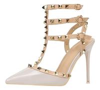 EXECAB Damen-Sandalen mit Absatz, 10 cm/4 Zoll Nieten-Knöchelriemen, hohe Absätze, Stiletto, Nieten, T-Riemen, Spitze, geschlossene Zehe, Slingback-Brautpumps,Grau,35