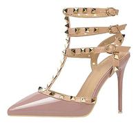 EXECAB Damen-Sandalen mit Absatz, 10 cm/4 Zoll Nieten-Knöchelriemen, hohe Absätze, Stiletto, Nieten, T-Riemen, Spitze, geschlossene Zehe, Slingback-Brautpumps,Rosa,39