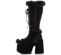 EXECAB Damen-Schneestiefel, kniehoch, mittelhohe Stiefel, Winter, warm, mit Fell gefüttert, runde Zehen, Wildleder, Plateau, Blockabsatz, Schnürung,Schwarz,35 EU