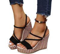 EXECAB Damen Sommer-Sandalen mit Keilabsatz, Elegante High Heels, Hausschuhe für Braut, Plateau-Sandalen, Übergröße, Peep-Toe-Hausschuhe, Strandschuhe,Schwarz,38