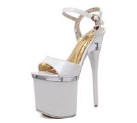 EXECAB Damen-Stiletto-Absätze, 7,5 cm, offene Zehenplattform, High Heels für Abschlussball, Dressing, Party, Knöchelriemen, Kristallschnalle, High Heels, Club, Pole Dance,Weiß,36