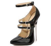 EXECAB Damen-Stilettos aus Lackleder, 16 cm, High Heels, spitzer Zehenbereich, Knöchelriemen-Pumps, Stilettos mit Metallabsatz, Büro-Abendkleid-Schuhe,Schwarz,45