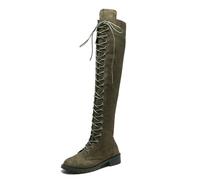 EXECAB Damenstiefel, Outdoor, täglich, Overknee-Stiefel, Schritthohe Stiefel, Winter, Schnürung, niedriger Absatz, runde Zehenpartie, lässig, Industrie-Stil, Leder,Grün,40 EU