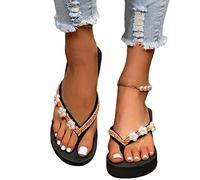 EXECAB Flip-Flops Mit Perle Blumen Damen Plateau Keil Zehentrenner Sandalen Sommer Hausschuhe Indoor Outdoor Schlappen Pantoffeln Slides Freizeit Strandschuhe,Orange,40