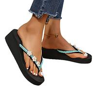 EXECAB Flip-Flops Mit Perle Blumen Damen Plateau Keil Zehentrenner Sandalen Sommer Hausschuhe Indoor Outdoor Schlappen Pantoffeln Slides Freizeit Strandschuhe,Grün,40