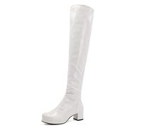 EXECAB Overknee-Stiefel für Damen, sexy seitlicher Reißverschluss, Lackleder, quadratische Zehenpartie, Schwarze Plateaustiefel, hohe Damenstiefel für Party, Abschlussball,Weiß,39 EU