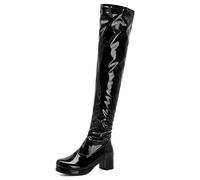 EXECAB Overknee-Stiefel für Damen, sexy seitlicher Reißverschluss, Lackleder, quadratische Zehenpartie, Schwarze Plateaustiefel, hohe Damenstiefel für Party, Abschlussball,Schwarz,46 EU