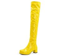 EXECAB Overknee-Stiefel für Damen, sexy seitlicher Reißverschluss, Lackleder, quadratische Zehenpartie, Schwarze Plateaustiefel, hohe Damenstiefel für Party, Abschlussball,Gelb,37 EU