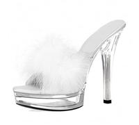 EXECAB Transparente Damen-Plateau-High-Heels mit offener Zehenpartie, Slip-On-Stilettos, Plateau-Slipper mit Kunstfeder-Absätzen,Weiß,43