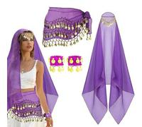 Exotischer Stil Bauchtanz Münzen Accessoire 3-teiliges Set Quasten Hüftschal Chiffon Kopfschleier Münzen Armmanschetten Bühnenaufführung Party Cosplay