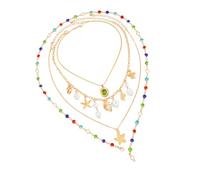 EXQIOUR Marine-inspirierte 4 stapelbare Halsketten, Muschelperlen, Kristall- und Metallketten, Saison-, Strand-Halskette für Damen, mehrschichtige Halskette