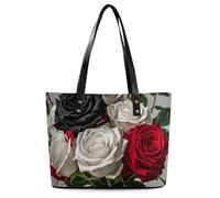 Exquisite Damen-Handtasche aus Leder, schwarz, weiß und rot, bedruckt, Litschi-Muster, Lederhandtasche, geeignet für Damen, für Reisen, Fitness und Pendeln, schwarz-weiße und rote Rosen, Schwarz-weiße