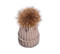EXQULEG Warm Mütze, Echtfellbommel Pudelmütze,Winter-Mütze Bommelmütze Pelzbommel Waschbär Raccoon Pelz (Khaki)