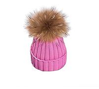EXQULEG Warm Mütze, Echtfellbommel Pudelmütze,Winter-Mütze Bommelmütze Pelzbommel Waschbär Raccoon Pelz (Rosa)
