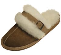 Extra dicke Lammfell Pantoffeln für Damen mit Schnallen Verzierung beige, 40