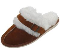 Extra dicke Lammfell Pantoffeln für Damen mit Schnallen Verzierung cognac, 38