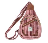 Extravaganter Ethno Baumwoll/Hanf Rucksack, handgefertigt, rot/Leder | Kleine Schultertasche mit vier Reißverschlussfächern, robust, bunter Webstoff, verstellbarer Gurt von 40-90 cm