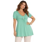 Eye Catch Damen Longshirt Tunika 42-56 - Viskose Stretch Oberteil mit Bindeband - Figurschmeichelnde Kurzarm Bluse mit V-Ausschnitt, Raffung & Zierknopf - Große Größen
