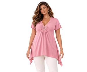 Eye Catch Damen Tunika Große Größen 42-56 - V-Ausschnitt Asymmetrisches Longshirt mit Raffdetail - Elegantes Kurzarm Oberteil für Freizeit & Abend