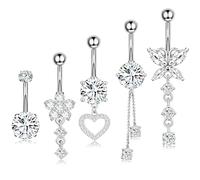 Eyezeeption 5 Stück Bauchnabelpiercing Chirurgenstahl Bauchnabelpiercing 10mm 12mm Stablänge Bauchnabel Piercing Silber mit Perlen Strass Bauchnabel Piercing Titan Clip Geschenk für Frauen Schmuck.