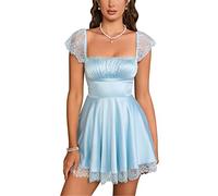 EYNMIN Damen Spitze Träger Mini Abschlusskleid Satin Quadratischer Ausschnitt Flowy A-Linie Rüschen Swing Casual Kurze Kleider, Blau, Groß