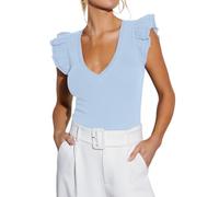 Ezbelle Ärmelloses Damen-Top, V-Ausschnitt, Rüschenhemden, Geripptes Strick-Tanktop, sexy Bluse, Damenbekleidung 2026, Hell, blau, Klein