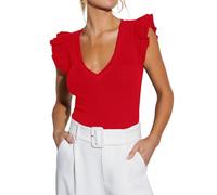 Ezbelle Ärmelloses Damen-Top, V-Ausschnitt, Rüschenhemden, geripptes Strick-Tanktop, sexy Bluse, Damenbekleidung 2026, Rot/Ausflug, einfarbig (Getaway Solids), Klein