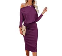 Ezbelle Schulterfreies Damen-Midikleid, 3/4-Ärmel, Fledermausärmel, Hüfte, Wickelkleid, Bleistift-Party, sexy, figurbetont, Midi-Kleid, locker, Violett, X-Groß