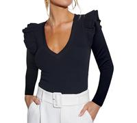 Ezbelle Women's Long Sleeve V Neck Ruffle Shirts Ribbed Knit Blouses Sxey Trendy Fall Tops 2025 Fashion