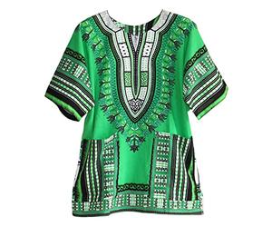 F Fityle Herren Damen Afrikanisches Dashiki Hemd, Blumendruck Große Tribal Bunte Baumwoll-Leinen-Mischung Sommerbekleidung Festival Klassische V-Ausschnitt, Grün