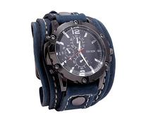 F Fityle Männer Leder Uhren, Retro Punk Armbanduhr breites PU-Lederband, Classic Herrenuhr, Armbanduhr Herren, Herren Analog Quarzuhr Sport Casual Business Armbanduhr für Geburtstagsgeschenk - Blau