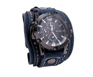 F Fityle Männer Leder Uhren, Retro Punk Armbanduhr breites PU-Lederband, Classic Herrenuhr, Armbanduhr Herren, Herren Analog Quarzuhr Sport Casual Business Armbanduhr für Geburtstagsgeschenk - Blau