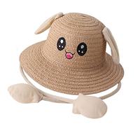 F Fityle Strandhut Stroh mit Beweglich Ohren, Damen Strohhut mit Hasen Ohren Atmungsaktiv, Sonnenhut UV Schutz, Sommer Fischerhut Lustig Sommerhut Breite Krempe für Reisen, Urlaub, Khaki