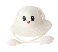 F Fityle Strandhut Stroh mit Beweglich Ohren, Damen Strohhut mit Hasen Ohren Atmungsaktiv, Sonnenhut UV Schutz, Sommer Fischerhut Lustig Sommerhut Breite Krempe für Reisen, Urlaub, Milchig weiß